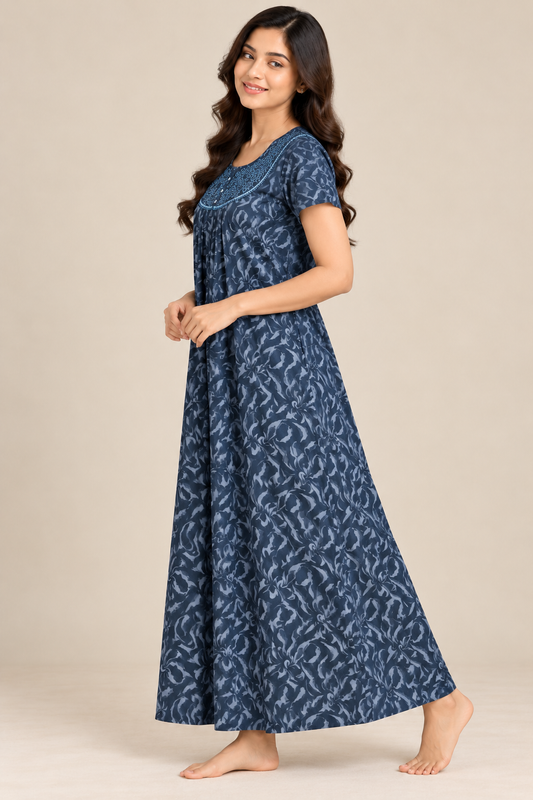 Elegant floral navy Embroidered nightgown