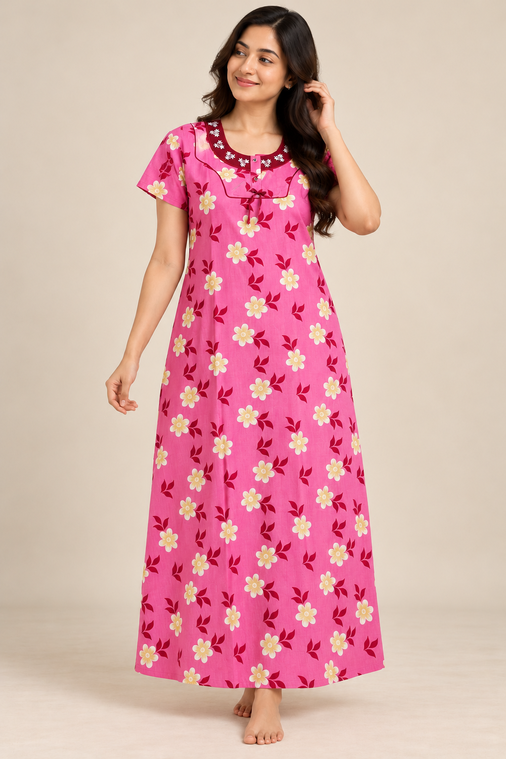Pink floral nightgown with Embroidered yoke