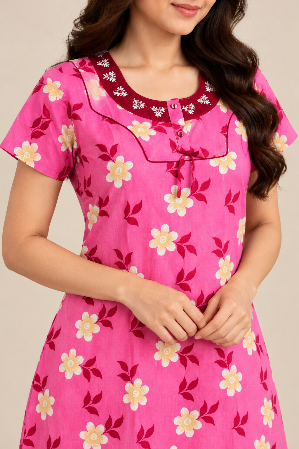 Pink floral nightgown with Embroidered yoke