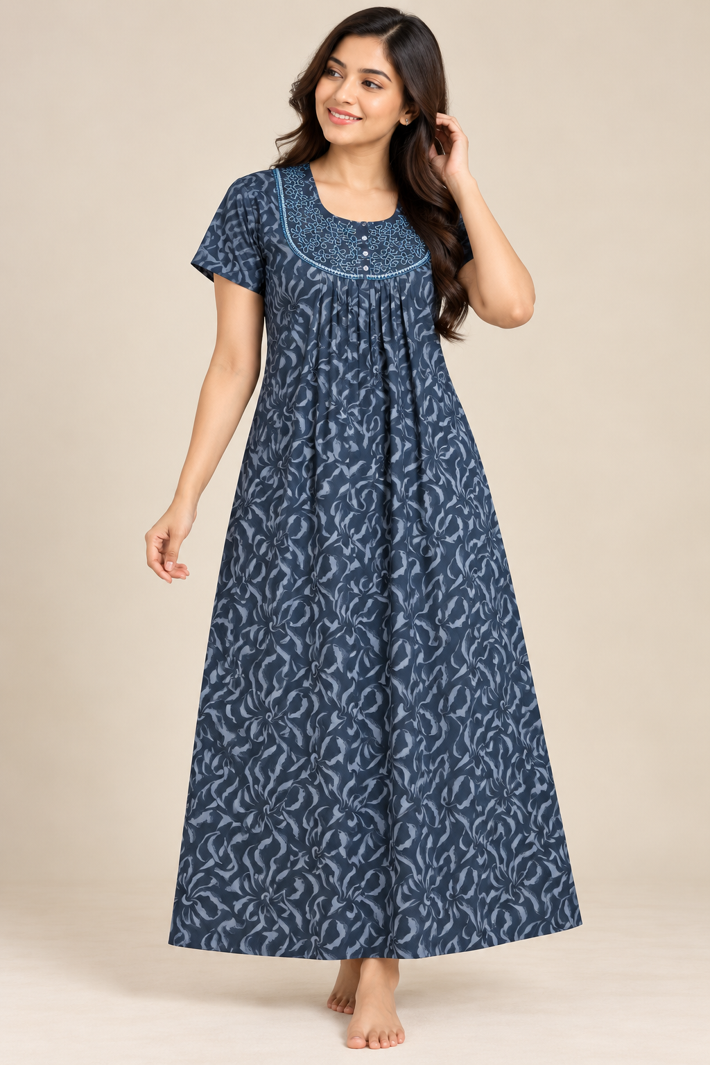 Elegant floral navy Embroidered nightgown